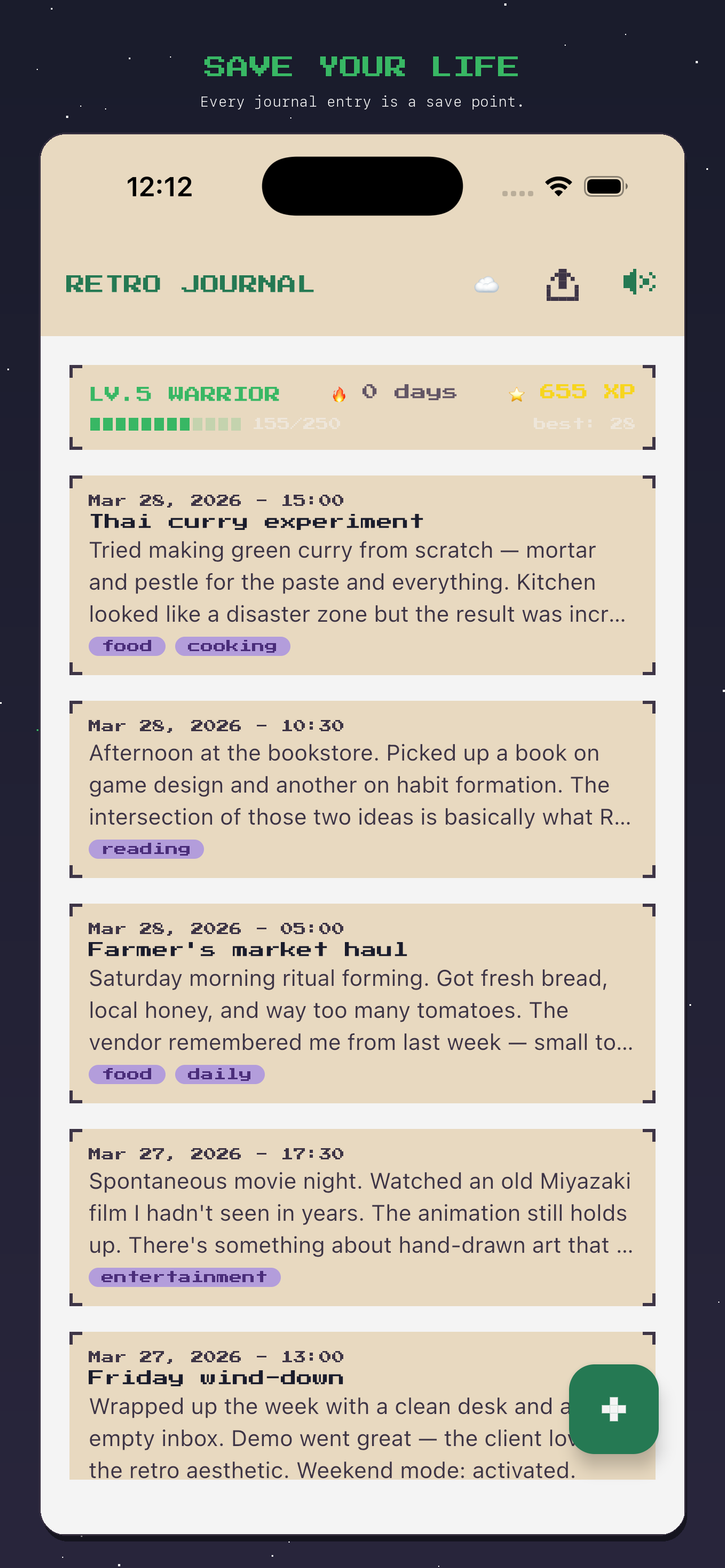 Retro Journal timeline with saves and checkpoints