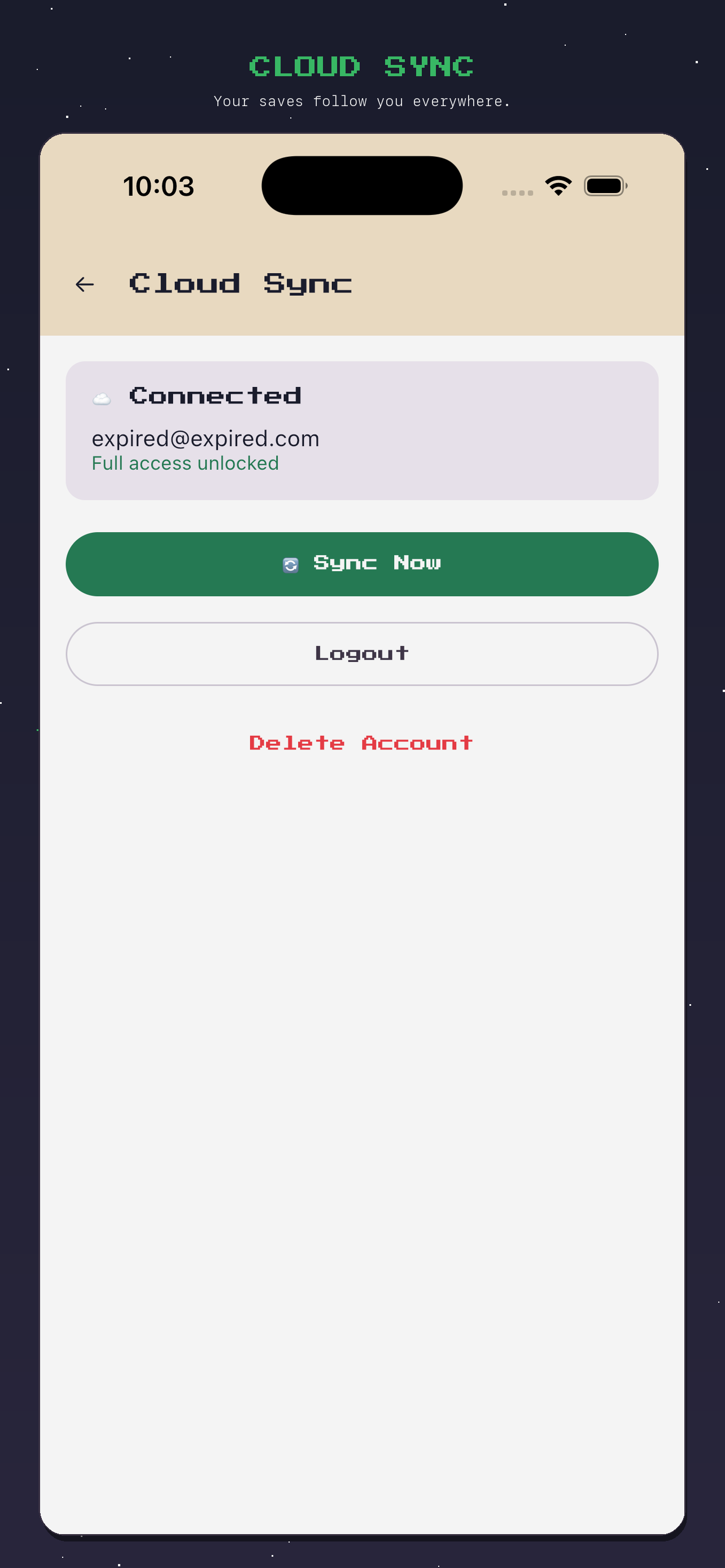 Retro Journal sync screen