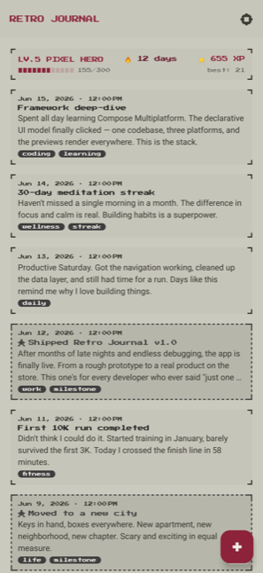 Retro Journal timeline in the Game Boy color theme