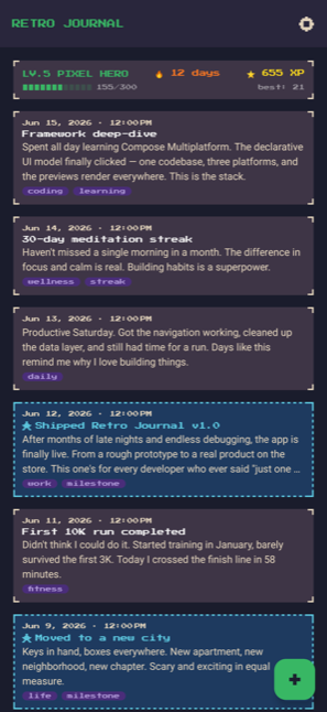 Retro Journal timeline with saves and checkpoints